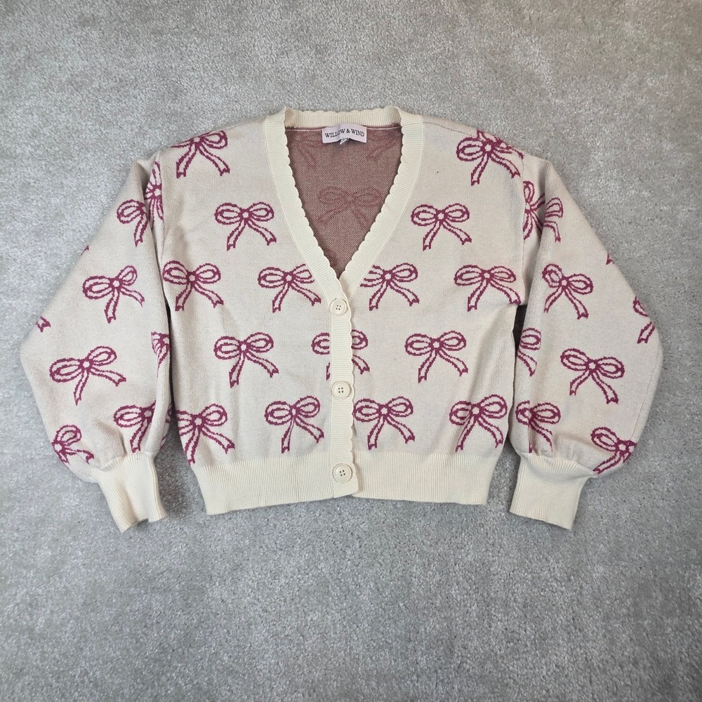 Willow & Wind Bow Cardigan Sweater M Ivory Pink Coquette Puff Sleeve Cropped